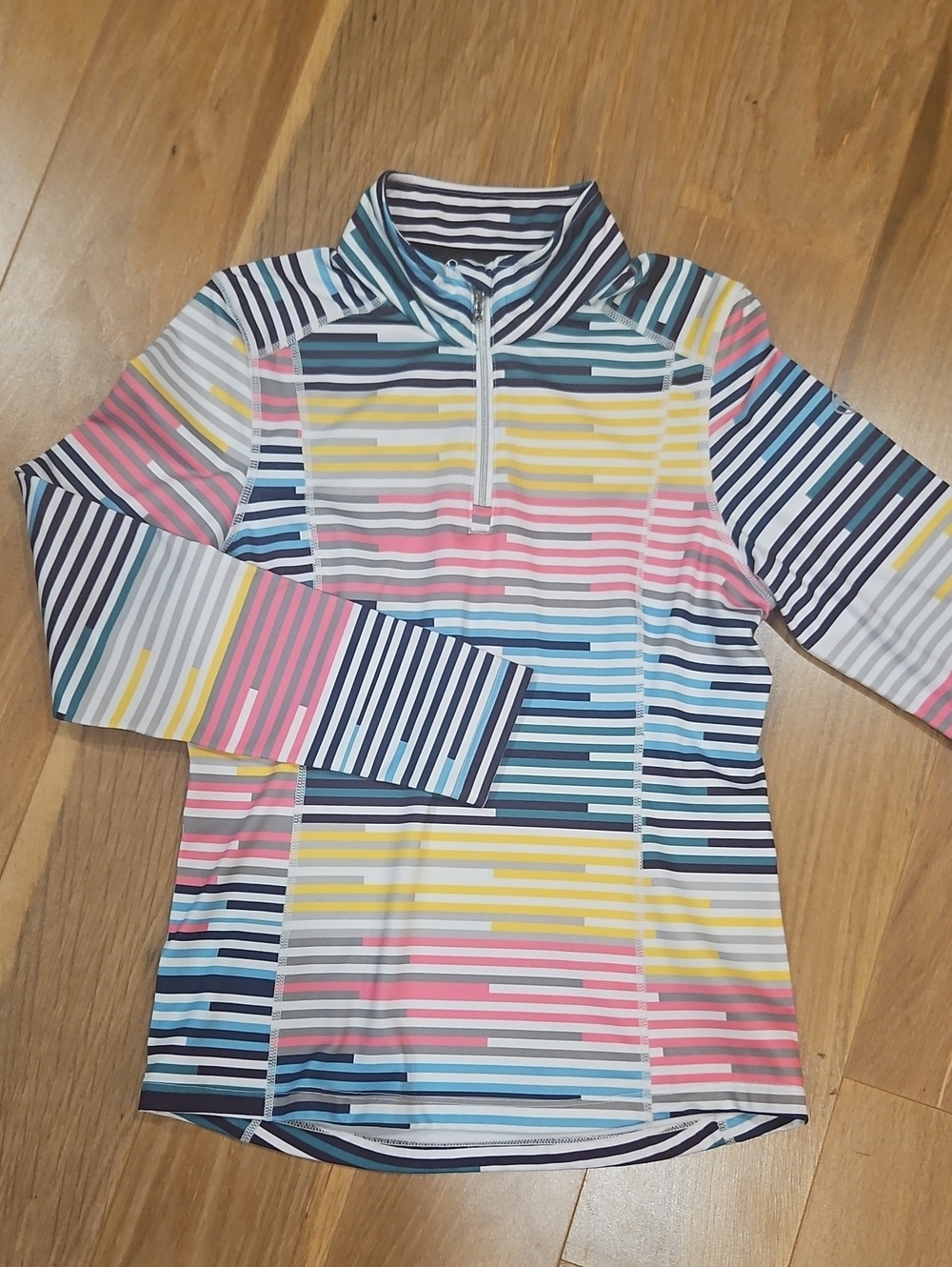 Sunice Kids Golf Quarter Zip - Blue, Pink, Yellow, White, Gray Stripes. NWOT